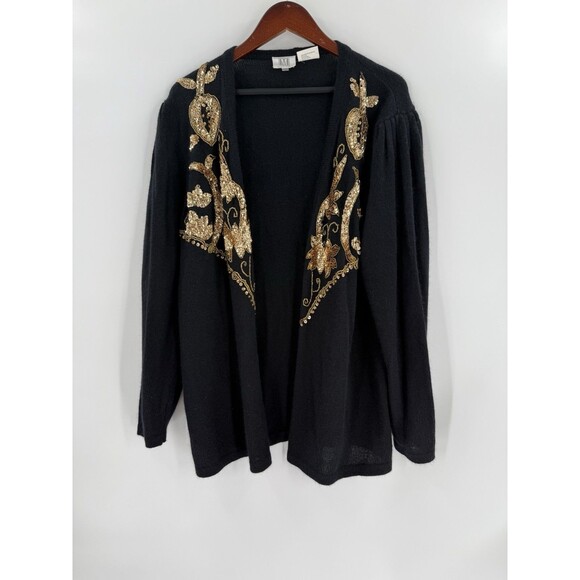VINTAGE MADELEINE Black Angora Blend Cardigan Sweater Gold Sequins Womens MEDIUM - Picture 5 of 11